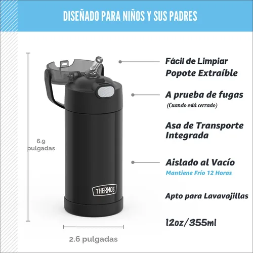 Miniatura 2 de THERMOS FUNTAINER - Botella de agua con pajilla, 12 onzas, botella de agua de acero inoxidable aislada al vacío para niños con tapa, color negro