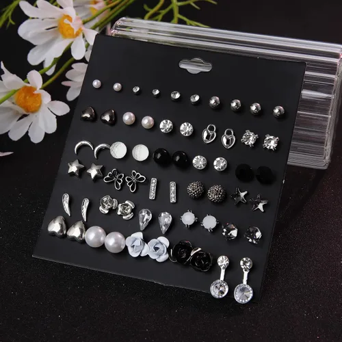 Miniatura 3 de Juego de 63 pares de aretes tipo dormilona para mujer, hipoalergénicos, variados, con bloqueo de luna, estrellas y perlas de imitación