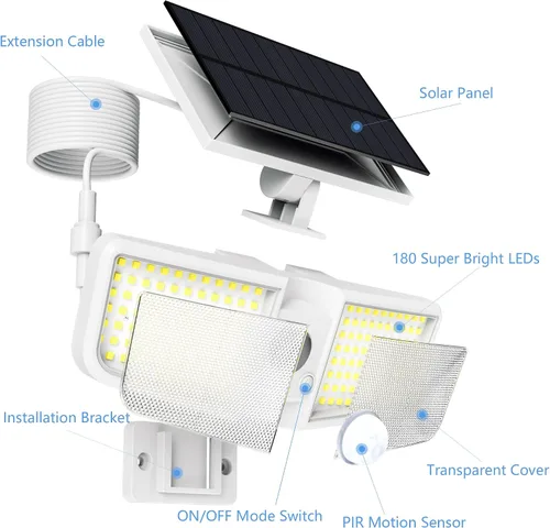 Miniatura 2 de Reflectores solares para exteriores con sensor de movimiento de 6500 K con control remoto, 180 LED impermeables, luz solar de seguridad al aire