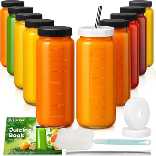 Ruckae Paquete de 10 botellas de jugo de 16 onzas, botellas de vidrio con tapas, tapas de taza de batido y pajitas, botella de agua, vasos para