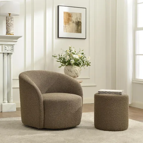 Miniatura 15 de KINWELL Silla giratoria Boucle de 34 pulgadas con juego otomano redondo de 18 pulgadas, juego totalmente ensamblado de silla y reposapiés de sherpa