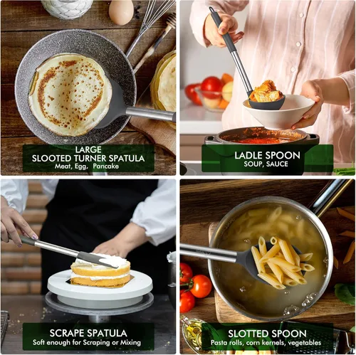 Miniatura 5 de HOTEC Utensilios de cocina de silicona resistentes al calor de 446 °F, juego de utensilios de cocina, juego de espátula, sin BPA, utensilios de Gris