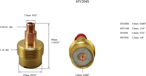 Miniatura 2 de RIVERWELD TIG - Cuerpos de pinza de lente de gas Jumbo de gran diámetro 45V204S, 0.040 pulgadas y 0.039 in Orificio para SR WP 9 20 25 TIG, paquete