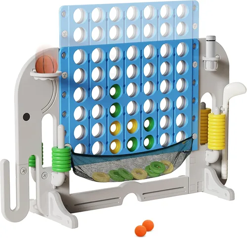 Giant 4 in a Row Connect Game, Adjustable Height (2.6FT-4.3FT) Jumbo 4-to-Score Yard Game Set with Basketball, Golf & Ring Toss, Elephant Design