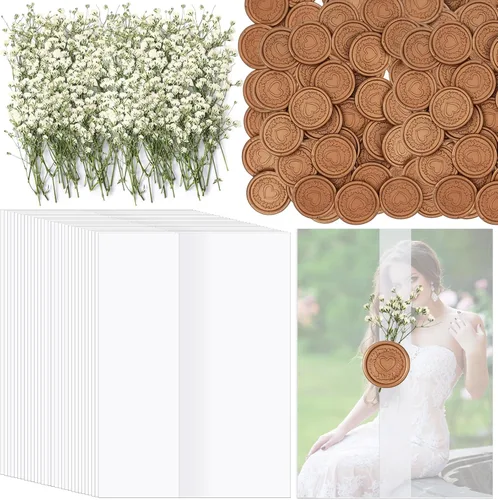 Yeaqee Juego de 50 envolturas de invitaciones de boda, chaquetas de vellum preplegadas para invitaciones de 5 x 7 pulgadas, calcomanías