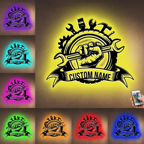Miniatura 3 de Letrero de metal personalizado con nombre de luz LED para garaje para el día del padre, decoración de pared, caja de herramientas, letrero de metal