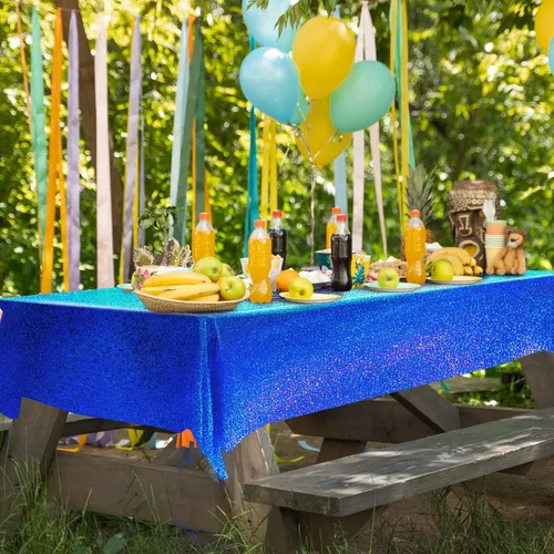 Miniatura 6 de 4 piezas de mantel de fiesta azul real holográfico de 40" x 108" con iridiscencia, mantel de plástico azul marino brillante para graduación, 4