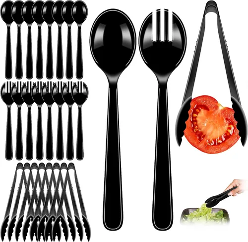 Miniatura 8 de Juego de 24 utensilios de plástico beige para servir, cucharas, tenedores y pinzas desechables resistentes (8 de cada uno), suministros de catering