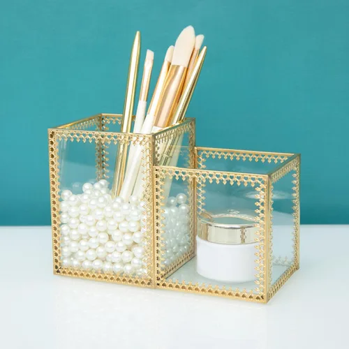 Miniatura 8 de ULTECHNOVO Two-compartment Glass Makeup Brush Holder Cosmetic Storage Organizer with Lace Design for Vanity Desk and Jewelry Display