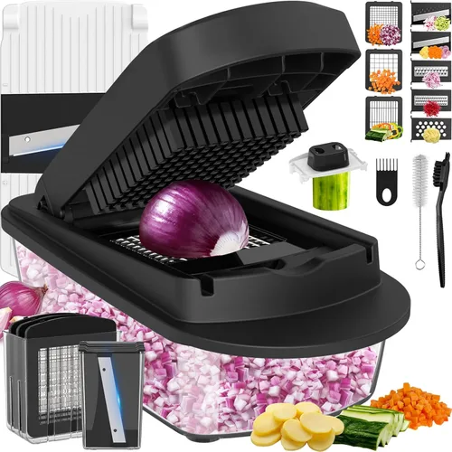 Picador de verduras todo en uno de 8 cuchillas con contenedor, picador de alimentos, picador de cebolla, cortador de verduras para ensalada, Negro