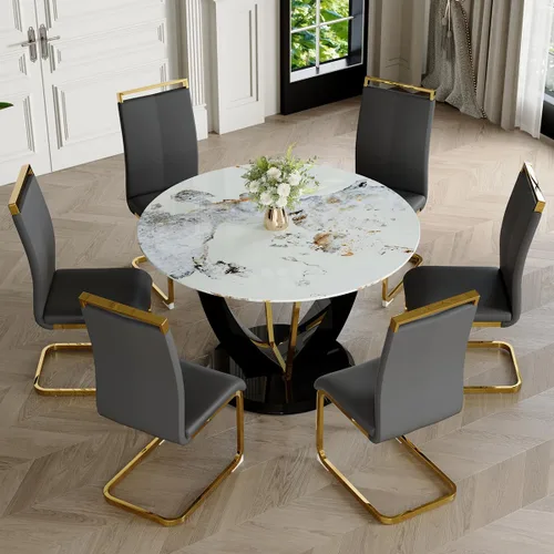 Miniatura 16 de Juego de mesa de comedor redonda para 4, mesa moderna de 48" con tapa de mármol sintético falso y pedestal brillante negro, juego de mesa de cocina