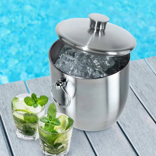 Miniatura 3 de OGGI Cubo de hielo de acero inoxidable de doble pared, cubo de hielo aislado con elegante tapa de acero, asas clásicas y pinzas de hielo de acero