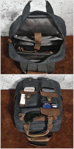 Miniatura 7 de Le'aokuu Lona y cuero genuino impermeable unisex adulto mochila diaria mochila casual bolsa de viaje, Negro