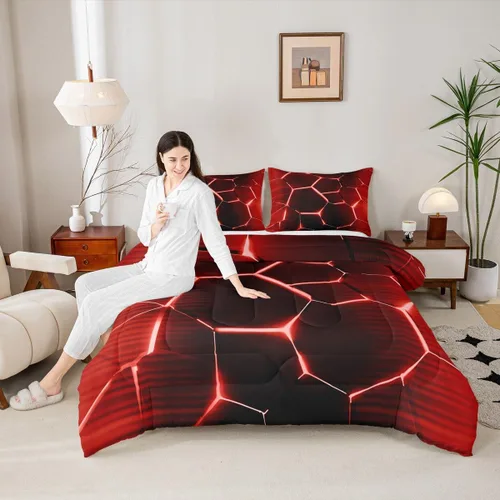 Miniatura 5 de Feelyou Juego de edredón de nido de abeja, edredón hexagonal rojo degradado para niños, niñas, adolescentes, juego de ropa de cama geométrico, Multi