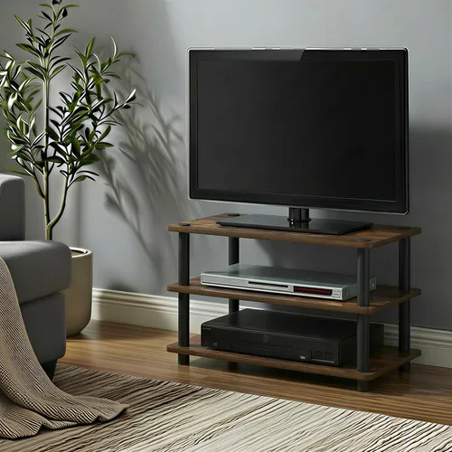 Miniatura 2 de Furinno Turn-N-Tube Soporte de TV, centro de entretenimiento de esquina de 3 niveles con estantes abiertos, consola de TV sin herramientas para TV