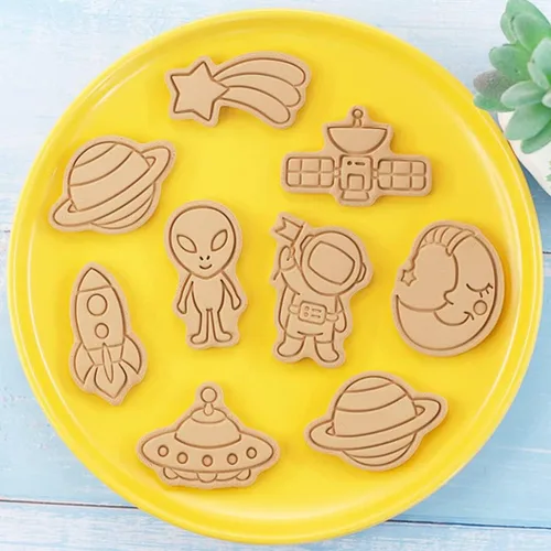 Miniatura 5 de Juego de 8 moldes de galletas de astronauta para hornear, moldes de galletas alienígenas, juego de moldes de galletas de meteoritos y herramientas