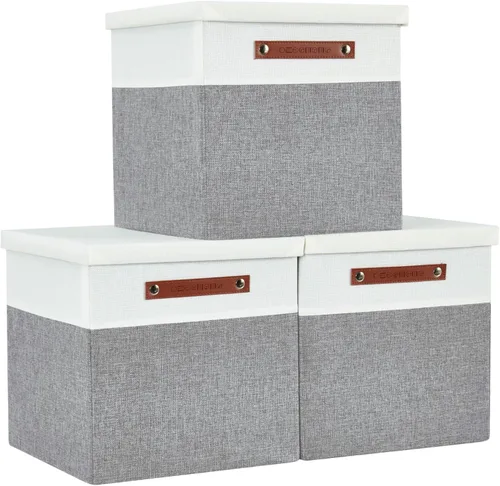 Miniatura 10 de DECOMOMO - Cubos plegables de almacenamiento con tapas, canastas resistentes de tela catiónica, cubos con asas, para organización de estantes, Beige