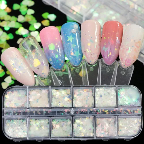 Miniatura 2 de 24 rejillas de lentejuelas holográficas para uñas y 1 pinza Adhesivo iridiscente con purpurina de copos de sirena ultra finos y coloridos
