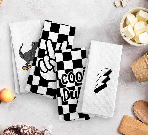 Miniatura 6 de Juego de 4 toallas de mano a cuadros modernos para niños, decoración de baño para niños, regalos de Dinasours, paños de cocina para cocina, paño