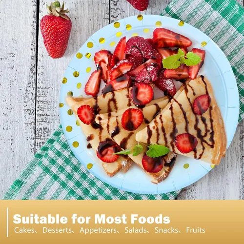 Miniatura 6 de Platos de papel de oro azul, 100 unidades, platos de postre de puntos rosados y dorados, suministros de fiesta redondos desechables ideales