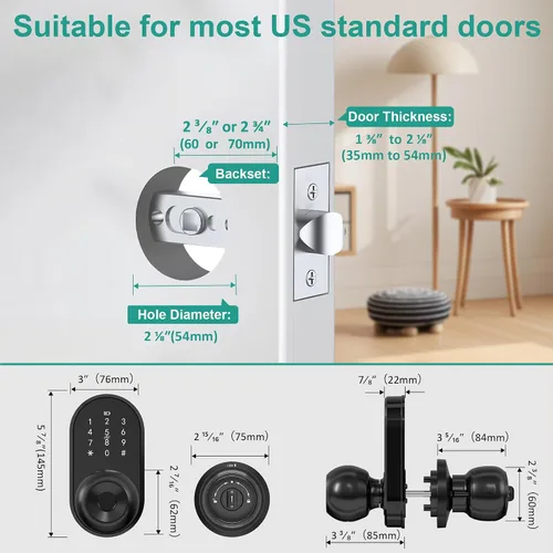 Miniatura 4 de Cerradura inteligente para puerta de entrada sin llave con perilla, cerradura de puerta con teclado y huella dactilar con mango, código electrónico