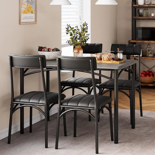 Amyove Mesa y sillas de cocina, juego de mesa de comedor para 4 personas con sillas tapizadas, juego de mesa de cocina rectangular de metal y madera
