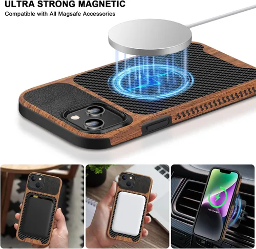 Miniatura 6 de TENDLIN Funda Magnética Compatible con iPhone 14 Plus Funda de Madera con Textura de Fibra de Carbono Diseño Híbrido de Cuero Cubierta Delgada Negro