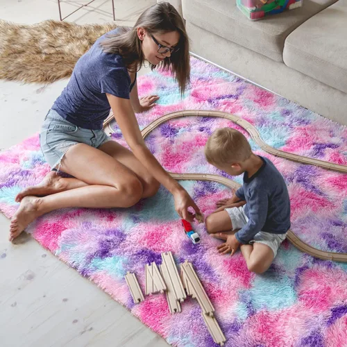 Miniatura 5 de AROGAN Alfombras de área suaves de arco iris para habitación de niñas de 6x9 pies, alfombras esponjosas de dormitorio para niñas, alfombra