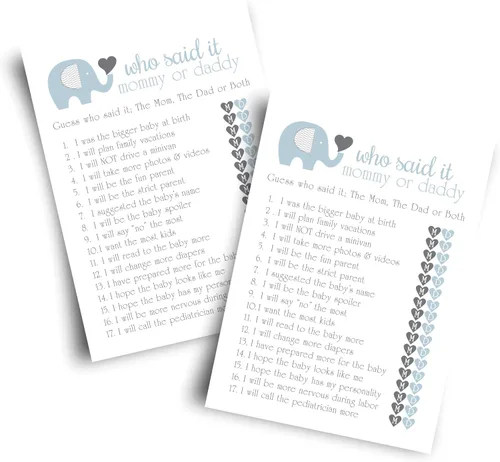 Paper Clever Party Juego de baby shower de elefante para niños, 25 tarjetas de juego de Adivina quién mamá o papá, divertidas actividades de