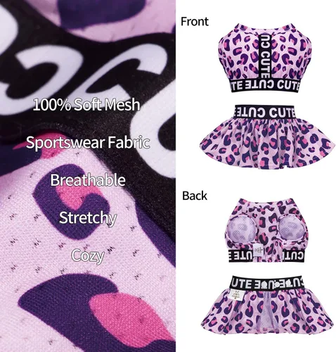 Miniatura 4 de CuteBone Vestido deportivo de dos piezas para perros Athleisure con estampado de leopardo, falda rosa para cachorros, ligera, para perros pequeños