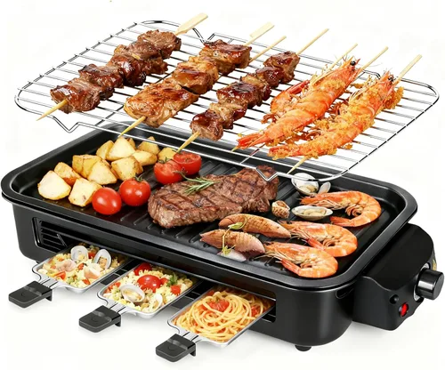 YOHAWJAN - Parrilla eléctrica para interiores de 1700 W, 2 en 1, sin humo, para cocina, con red de parrilla y placa extraíble antiadherente, Negro