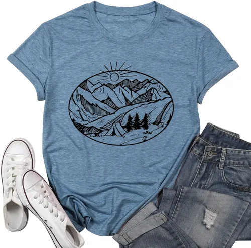 Miniatura 42 de Camisetas sin mangas de senderismo y montaña para mujer, divertidas camisetas de entrenamiento con gráficos de pino y amanecer, camisetas de verano
