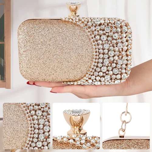 Miniatura 5 de CORIOS Bolso de noche de diamantes de imitación para mujer, bolso de mano de cristal con purpurina brillante con lentejuelas para banquete y boda