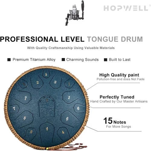 Miniatura 3 de HOPWELL Tambor de Lengua de Acero - Tambor de Lengua de 14 Pulgadas 15 Notas - Tambor Hand Pan con Libro de Música, Mazos para Tambores Handpan