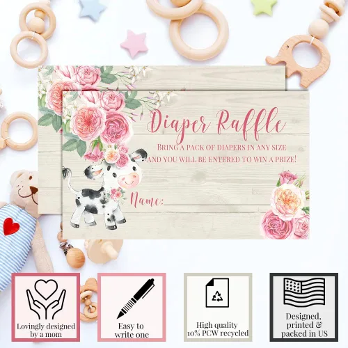Miniatura 4 de Amanda Creation Boletos para rifas de pañales de vaca floral rosa acuarela para baby showers, 20 tarjetas de inserción de doble cara de 2 x 3