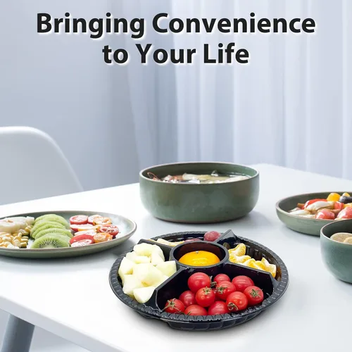 Miniatura 7 de 12 bandejas desechables para frutas, bandeja redonda de plástico para servir aperitivos con tapa, 5 compartimentos, platos de fiesta, recipientes
