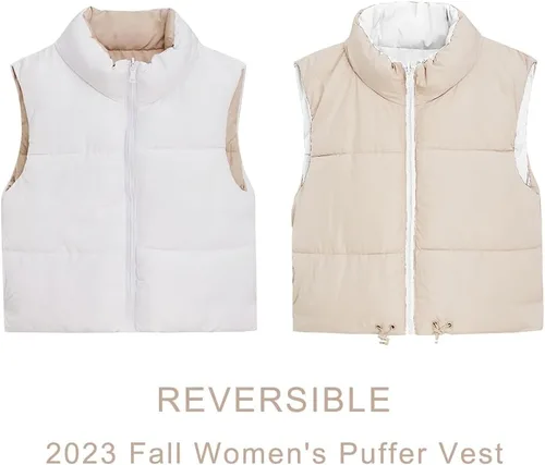 Miniatura 3 de Chaleco corto de invierno para mujer, ligero, reversible, cálido, chaleco acolchado, chaleco acolchado