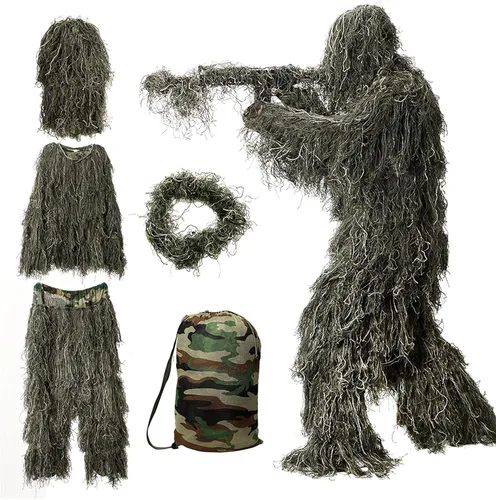 Miniatura 11 de DoCred Traje Ghillie 5 en 1, ropa de caza de camuflaje 3D con chaqueta, pantalones, capucha, bolsa de transporte para adultos/jóvenes, S/M/L/XL/XXL