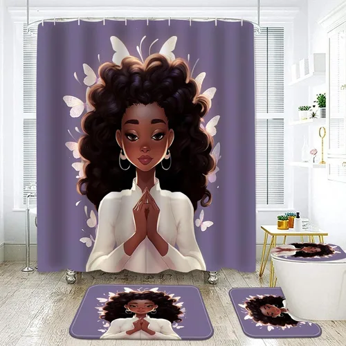 Miniatura 6 de NEWSUYAA Juego de 4 cortinas de ducha para niña negra con alfombras de baño, juego de 4 juegos de baño rústicos afroamericanos, cortinas