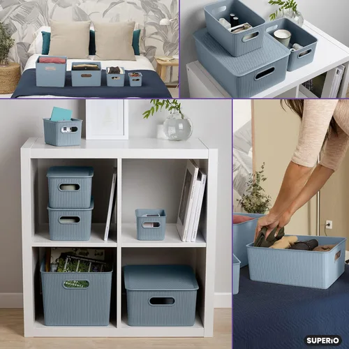 Miniatura 8 de Superio Colección acanalada - Cestas organizadoras decorativas de plástico para almacenamiento en casa, cajas contenedoras azules para organizar