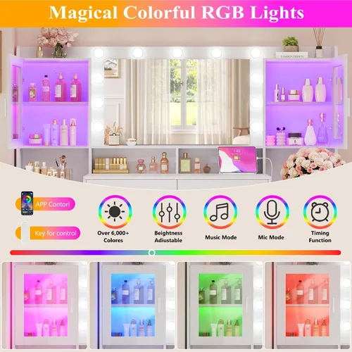 Miniatura 2 de HUAHUU Escritorio grande con espejo y luces, tocador de maquillaje de 54.3 pulgadas con 4 gabinetes RGB y 4 cajones, juego de tocador blanco