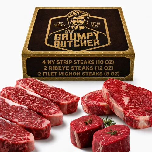 Grumpy Butcher Aged 8 Steak Premium Set – 4 NY Strip, 2 Filet Mignon & 2 Ribeye Steaks – USDA Top Choice Beef Steak con opción de caja de regalo –