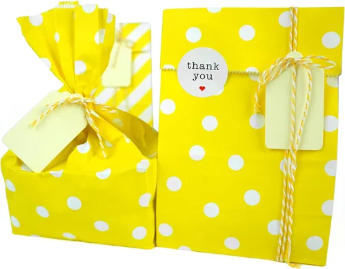 Miniatura 9 de SMINTINE Paquete de 30 bolsas de papel amarillo con calcomanías de agradecimiento, etiquetas de papel, cuerda de algodón para panaderos, bolsas
