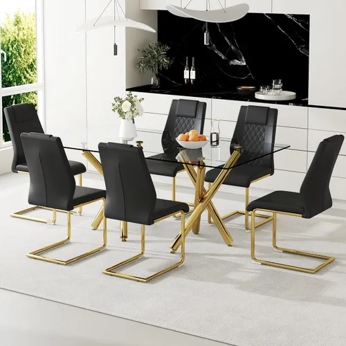 Miniatura 7 de Ebullient Moderno juego de mesa de comedor para 6, mesa de comedor de cristal de 71 pulgadas y patas de mesa de metal dorado, mesas de comedor
