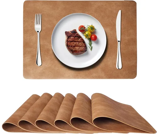 Miniatura 11 de Juego de 6 manteles individuales de piel sintética con patrón de piel vaca, resistentes al calor, decoraciones antideslizantes para mesa de comedor