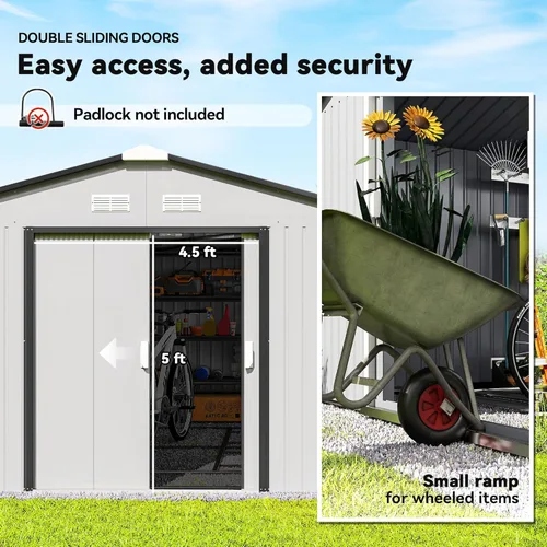 Miniatura 4 de Outsunny Cobertizo de almacenamiento exterior de 11' x 13', cobertizo de metal para herramientas de jardín con kit de cimentación, puerta con doble