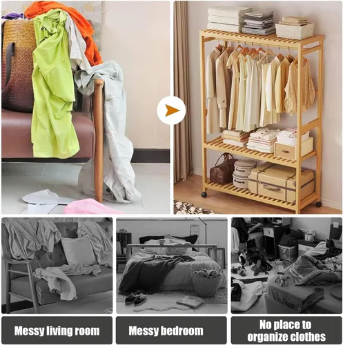 Miniatura 6 de 3-Tier Bamboo Clothes Rack - Stylish Garment Stand with Open Wardrobe Design & Storage Shelves for Bedroom, Living Room, Entryway - Space-Saving