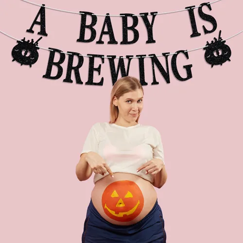 Miniatura 5 de Cartel con texto en inglés "A Baby is Brewing", tema de Halloween, primer cumpleaños, baby shower, revelación de género, celebración de embarazo