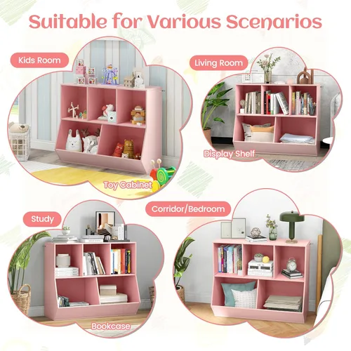 Miniatura 9 de Costzon Organizadores de juguetes y almacenamiento con estantería, estante de madera para libros infantiles de 5 cubículos, gabinete de Rosado