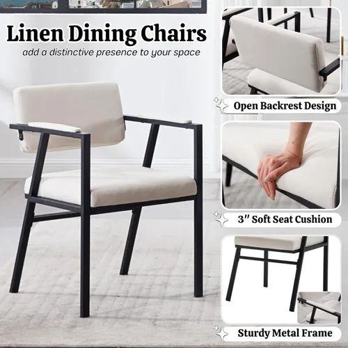 Miniatura 4 de HEAH-YO Juego de 2 sillas de comedor modernas de lino, sillas de cocina tapizadas con respaldo abierto y reposabrazos, cómodas sillas laterales